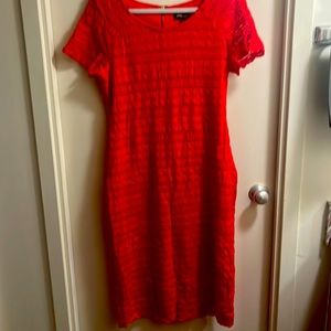 Red lace calf-length dress, zip back